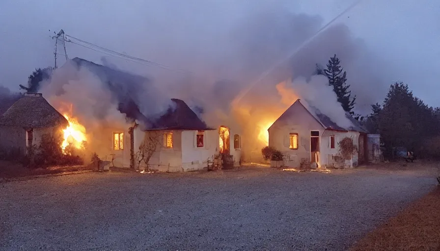 Image similar to mini dv camera found footage of a heavy burning french style little house by night in autumn, in a small northern french village, by sony mini dv camera, heavy grain, low quality, high detail, dramatic light, anamorphic, flares