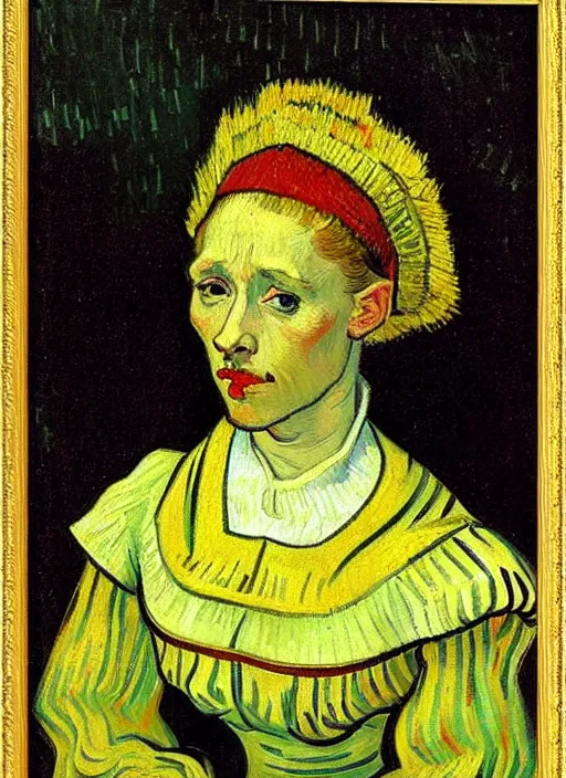 Image similar to portrait of young woman in renaissance dress and renaissance headdress, art by vincent van gogh