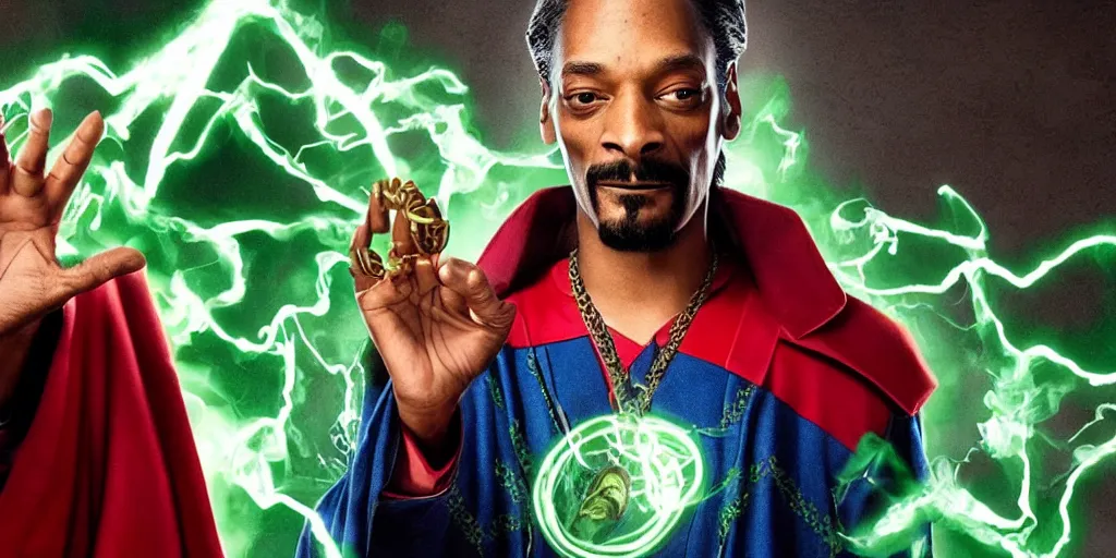 Image similar to snoop dogg as the doctor strange, marijuana leaves, marijuana, green light, highly detailed, marvel cinematic universe, mcu, photo