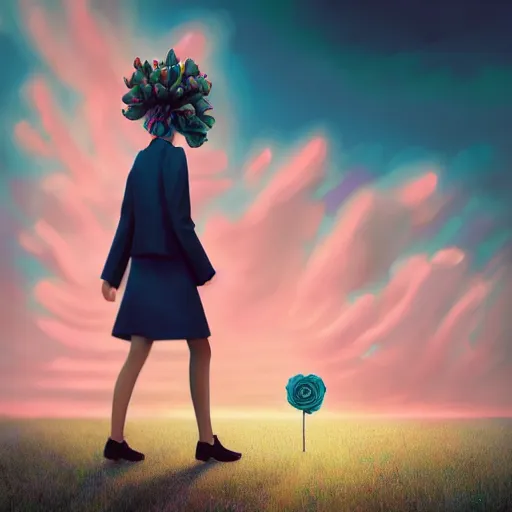 Image similar to portrait, giant rose flower head, girl walking in a suit, surreal photography, sunrise, blue sky, dramatic light, impressionist painting, digital painting, artstation, simon stalenhag