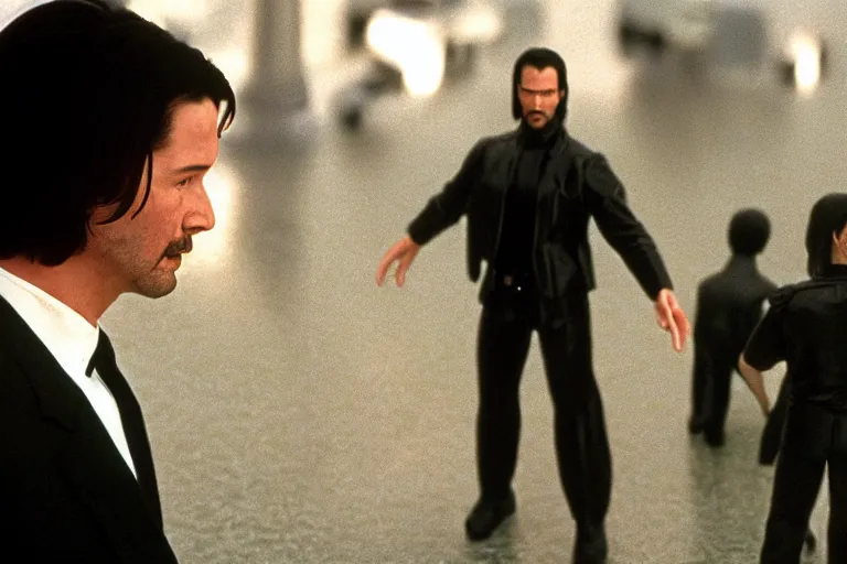 Image similar to beautiful hyperrealism three point perspective film still of Keanu Reeves as neo in bullet time aiming at agent smith in a nice oceanfront promenade motorcycle chase scene in Matrix meets kagemusha(1990) extreme closeup portrait in style of 1990s frontiers in translucent porcelain miniature street photography seinen manga fashion edition,, tilt shift style scene background, soft lighting, Kodak Portra 400, cinematic style, telephoto by Emmanuel Lubezki