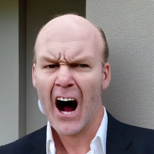 Prompt: an extremely angry, screaming, scary, balding middle aged white man looking at the camera