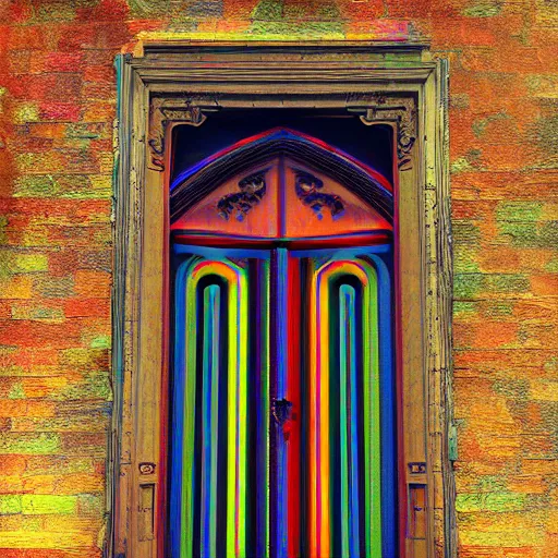 Prompt: Partially open multicolor doors to another dimension, trending on artstation, digital art, 8K