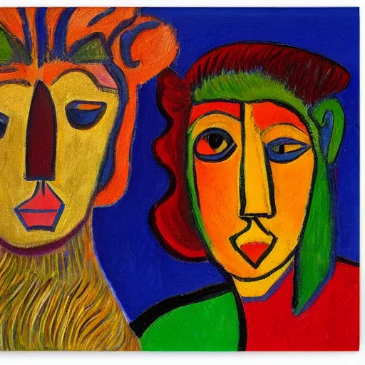 Prompt: painting of a lion female and a male, in a city, by alexej von jawlensky