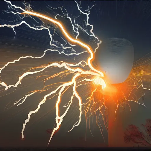 Image similar to power transformer exploding from lightning strike, digital painting, 8 k, dynamic lighting