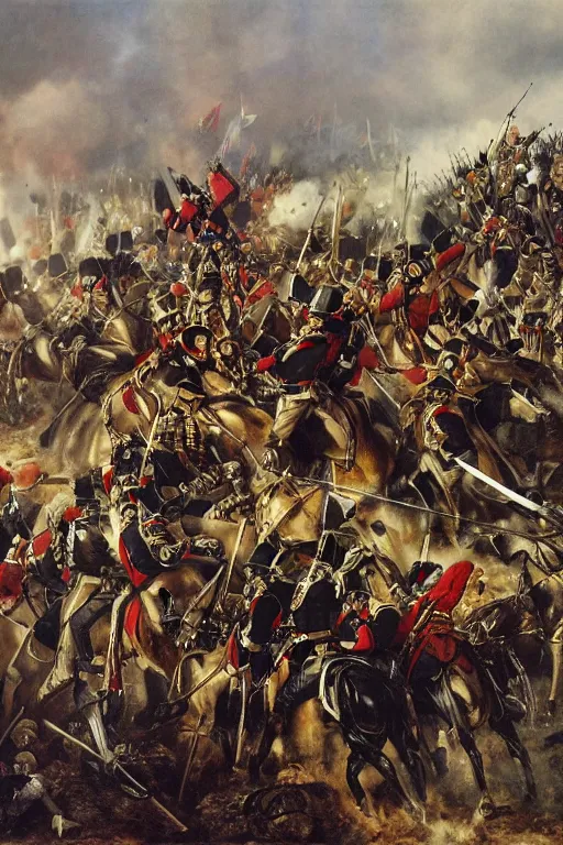Prompt: poniatowski's last charge at leipzig, by richard caton woodville