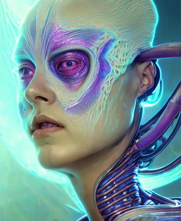 Image similar to intricate fluorescent portrait of a disturbing beautiful alien insect creature, mottling coloring, adorable, childlike, medical equipment hospital environment, ultra realistic, concept art, art nouveau, photorealistic, octane render, 8 k, unreal engine. art by christopher marley and artgerm and greg rutkowski and alphonse mucha