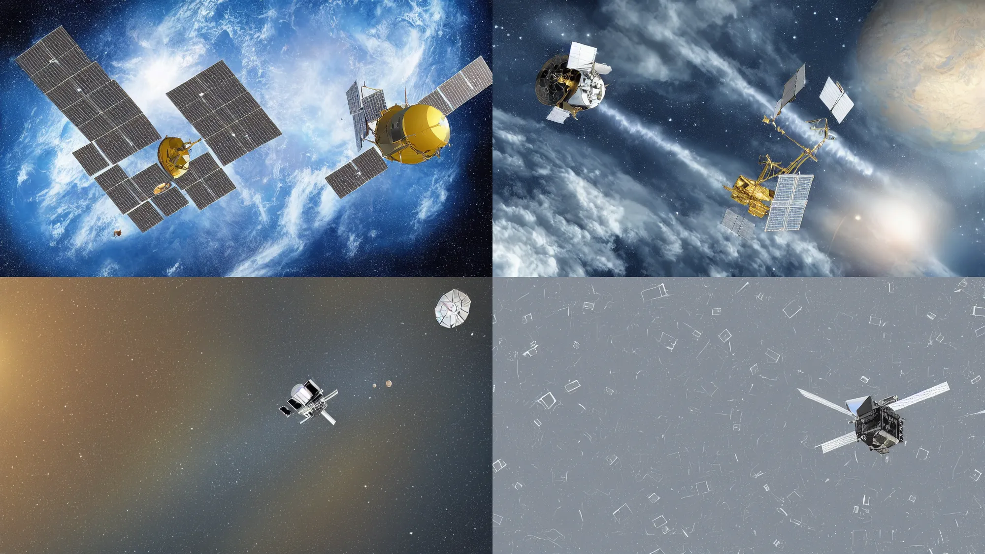 Prompt: a satellite orbiting close to earth's atmosphere, highly detailed, realistic illustration in the style of John Frye, John Sweeney, John Eaves, John Wallin Liberto