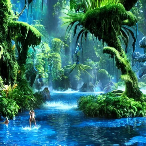 Prompt: HD, action scene with Na'vi on the planet Pandora, from the movie 'Avatar 2: Way Of Water'