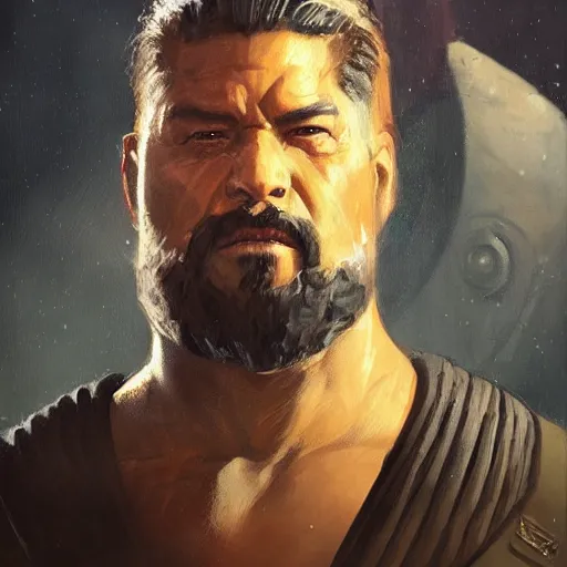 Prompt: portrait of a man by greg rutkowski, old bounty hanter, samoan features, tall and muscular, epic beard, star wars expanded universe, he is about 8 0 years old, wearing mandalorian gear.