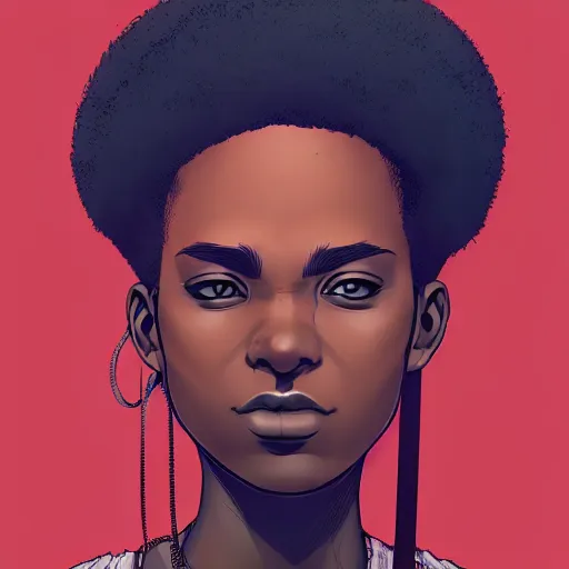 Image similar to Alberto Mielgo portrait design of an afropunk female character in a favela street, medium shot, asymmetrical, profile picture, painting by Alberto Mielgo and Laurie Greasley and Lois van Baarle, trending on artstation,