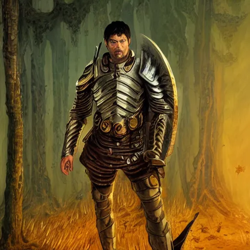 Image similar to A fantasy comic book style portrait painting by Junji Ito and Greg rutkowski of Karl Urban as a Paladin in a stunning ruin setting surrounded by yellow spring forest, unreal 5, DAZ, hyperrealistic, octane render, dungeons and dragons, dynamic lighting