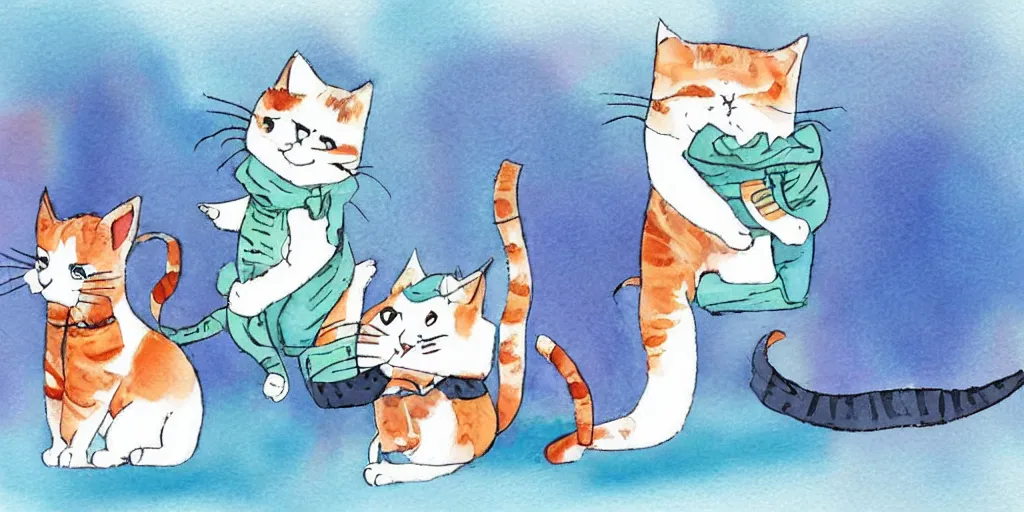 Image similar to watercolor illustration style, cute! cats! training in the fitness studio!