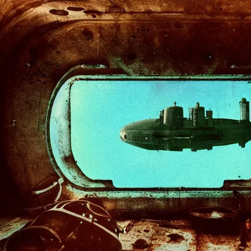 Image similar to shipwrecked soviet submarine interior, underwater, polaroid photograph, cinematic Eastman 5384 film, artstation