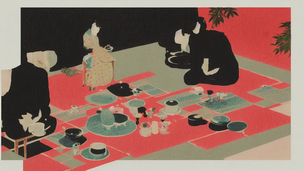 Prompt: a small tea ceremony, japan, a collage painting, in the style of wes anderson, lola dupre, david hockney, isolated on negative white space background dark monochrome neon spraypaint accents volumetric octane render