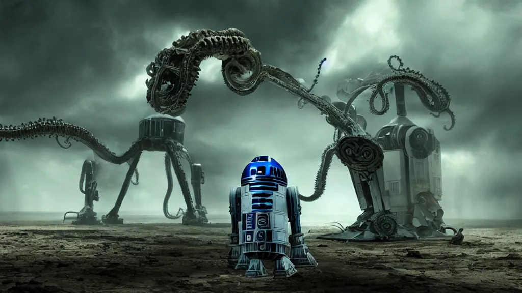 Image similar to r 2 d 2, mixed with an eldritch horror monster, with mechanical tentacles, film still from the movie directed by denis villeneuve with art direction by salvador dali