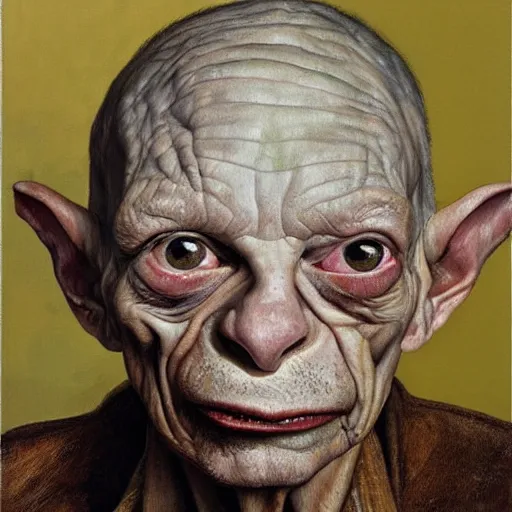 Image similar to high quality high detail painting by lucian freud, hd, portrait of gollum, photorealistic lighting