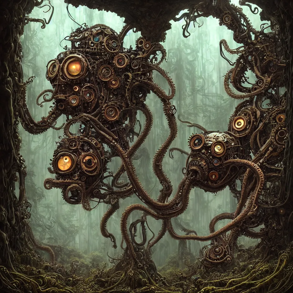 Image similar to biomechanical steampunk creature with robotic parts and big octopus head and (glowing) eyes guarding an ancient cave entrance with lush vegetation in a mystic forest, gothic and baroque, brutalist architecture, ultradetailed, creepy ambiance, fog, artgerm, giger, Intricate by Ellen Jewett and Josan Gonzalez and Giuseppe Arcimboldo