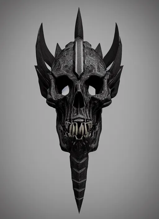 Image similar to a black long sword skull crest, orthographic, ornament, weapon, a 3 d render by dom qwek, front side views full, trending on polycount, artstation, hard surface modeling, rendered in maya, 3 ds max, blender, hd, vray, dark souls