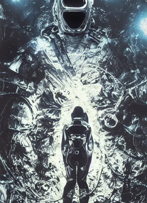 Image similar to astronauts in dark and empty void underwater - complex and hyperdetailed technical suit. reflection and dispersion materials. rays and dispersion of light. volumetric light. 5 0 mm, f / 3 2. noise film photo. flash photography. ultra realistic, wide angle. poster by wayne barlowe, hajime sorayama aaron horkey, craig mullins
