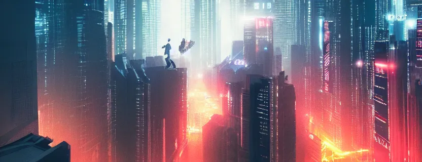 Image similar to shot of the man standing on the roof, looks at impressive cyberpunk city at night during great storm, nightscape, futuristic architecture, realistic photo, neons, blade runner, akira style, cinematic lighting, cinematic angles