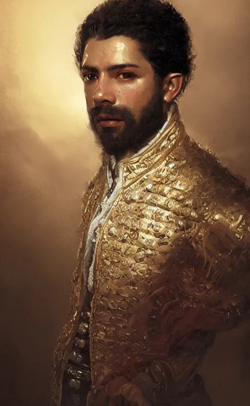 Prompt: Portrait of a 18th Century King. Hispanic male, detailed face, 18th century, highly detailed, cinematic lighting, digital art painting by greg rutkowski