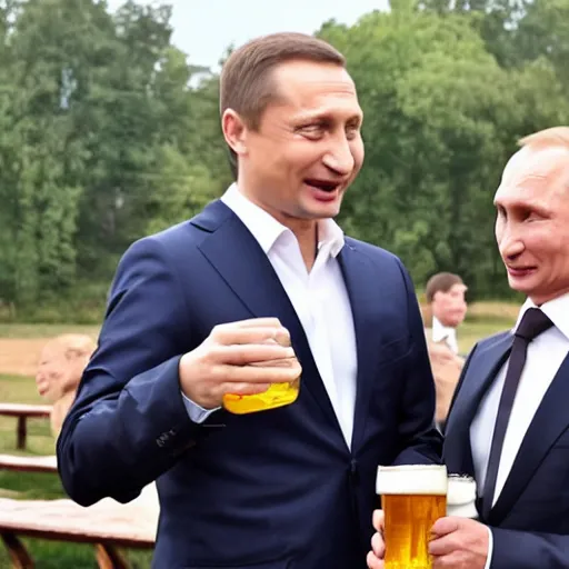 Image similar to Zelensky and Putin drinking beer and having fun