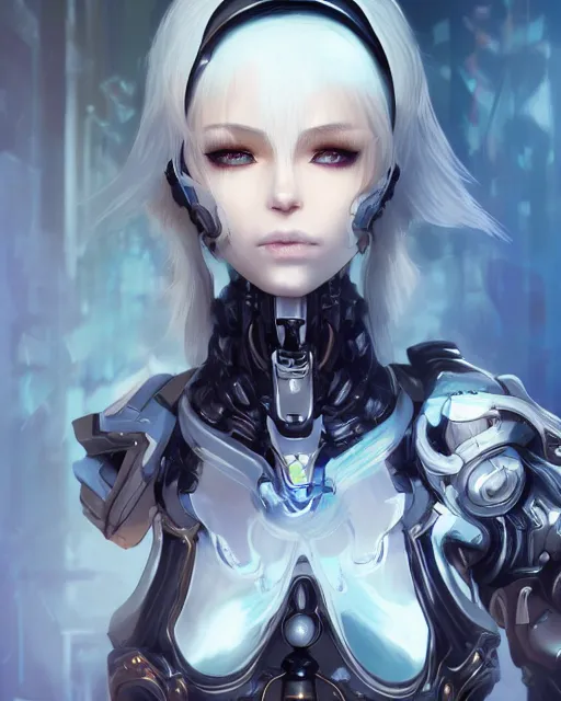 Image similar to holy cyborg necromancer girl, elegant, perfect face, scifi, futuristic, utopia, garden, illustration, atmosphere, warframe, blue eyes, white hair, focused, artstation, nier automata, highly detailed, art by yuhong ding and chengwei pan and serafleur and ina wong