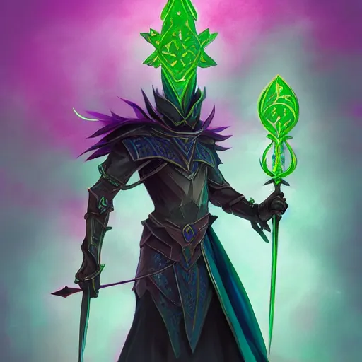 Image similar to illustration of a dark magician wielding an oversized magical staff with green eyes, intricate, elegant, highly detailed, centered, digital painting, artstation, concept art, smooth, sharp focus