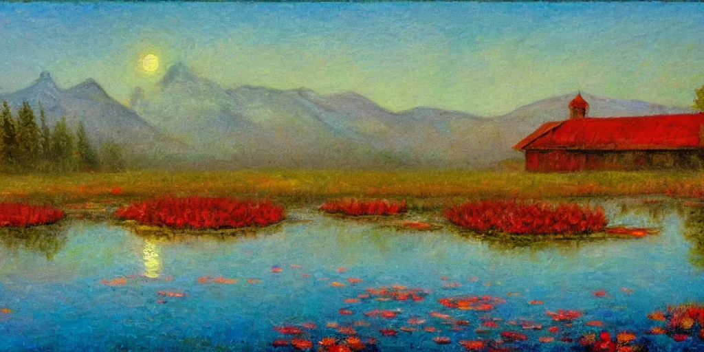 Image similar to impressionism painting of a pond of water lily on a foggy morning, red barn in distance, sun low on horizon through snow capped mountains, soft light