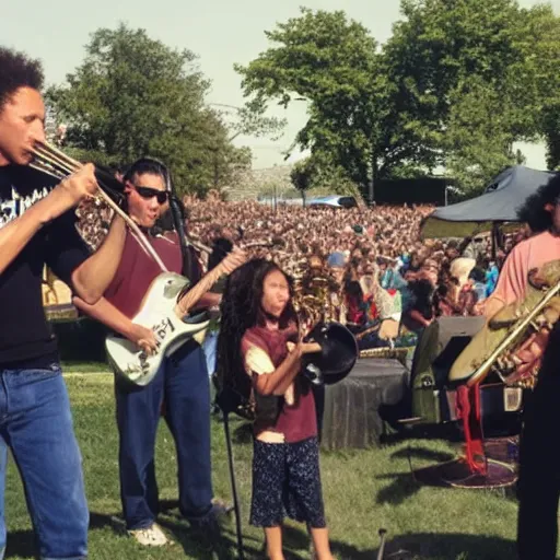 Image similar to Rage against the machine playing jazz on toy instruments in front of a crowd of angry parents