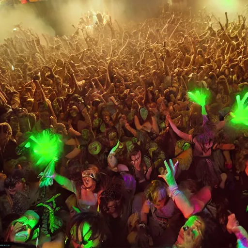 Image similar to goblins partying at a rave, green skin, mosh pit, goblin dance club, octane render, 8 k, fantasy