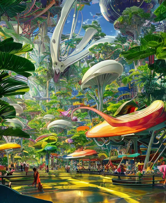 Image similar to simplicity, an amusement park made out of sleek asymmetrical organic creatures, in the style of an aerodynamic spaceship, overgrown with orchids, partly cloudy, sun - drenched, dramatic lighting, by dan mumford, yusuke murata, makoto shinkai, ross tran, cinematic, unreal engine, cel shaded, featured on artstation, pixiv