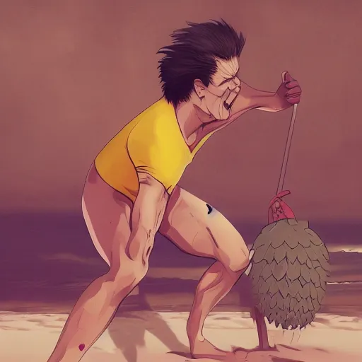 Image similar to Michael Meyers on the beach in swimming trunks with pineapple design holding a pink flamingo volleyball, hyperdetailed, artstation, cgsociety, 8k