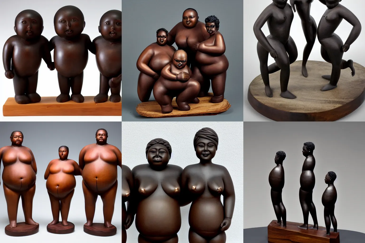 Prompt: ebony wood sculpture of three beautiful fat androgynous polyamorous black people