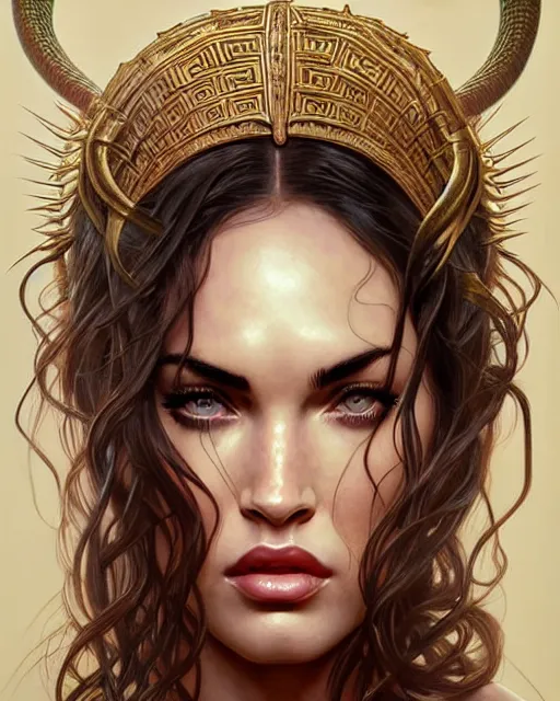 Image similar to portrait of megan fox as medusa gorgo, many snake hair, serpent hair, greek mythology, intricate, headshot, highly detailed, digital painting, artstation, concept art, sharp focus, cinematic lighting, illustration, art by artgerm and greg rutkowski, alphonse mucha, cgsociety