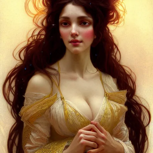 Image similar to character portrait of me as a modest wife blessed by creation to uncontrollably grow more perfect. tall, feminine, muscular, powerful, modestly clothed, voluminous, intricate, elegant, highly detailed, digital painting, artstation, smooth, symmetrical, sharp focus, illustration, art by gaston bussiere and alphone mucha