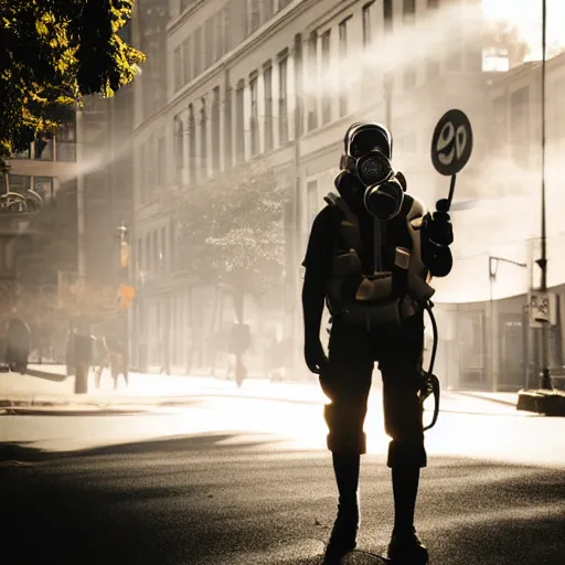 Image similar to man in a gasmask screaming walking down the streets of seattle, sunlight, sunny day, smoke, full shot