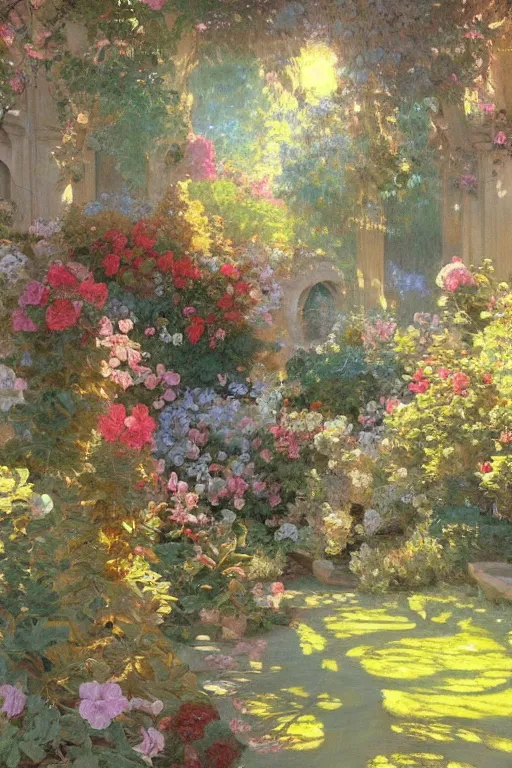 Image similar to a beautiful painting of a garden, ray of light, warm, shimmering and prismatic, rococo, by krenz cushart and mucha and monet, trending on artstation.