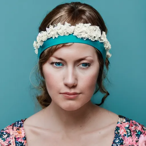 Prompt: a portrait of beautiful nordic woman wearing a folkdrakt dress, summers flowers headband on her head, against a teal blue background