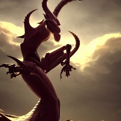 Prompt: cinematic shot of a large beautiful anthropomorphic female robotic dragon standing in an elegant pose, sharp claws, 4 claws, well designed, high quality HD digital art, artstation, deviantart, furaffinity, octane render