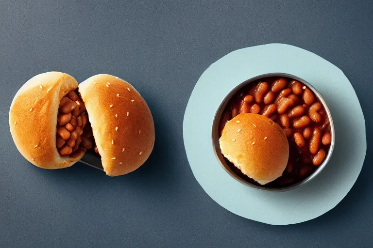 Image similar to mcdonalds baked beans between two sesame seed buns, commercial photograph