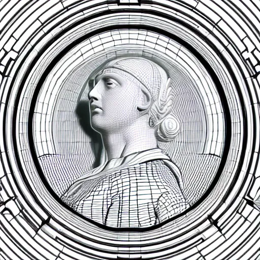 Image similar to a perfect neon circle surrounding the head of a renaissance statue, 3 d render