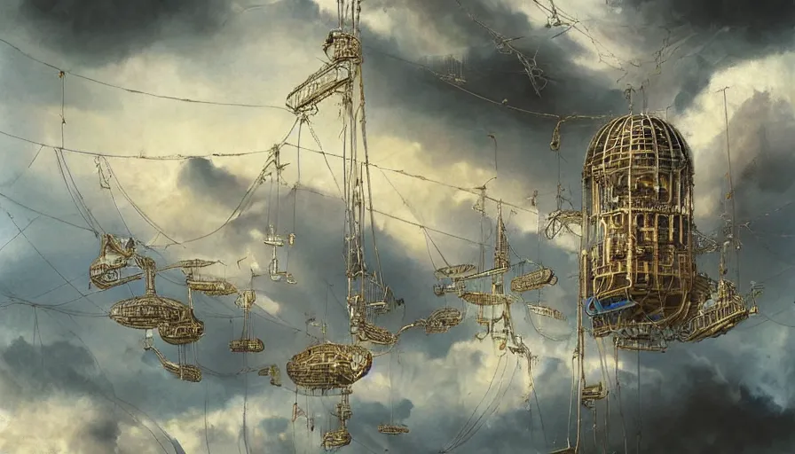 Prompt: an inflated stainless steel chrome gondola in the clouds, people are hanging by steel cables. Oil rigs in the sky. Intricate technical drawing. Colored pencil. Mammatus clouds. Ornate, brilliant, utopian, detailed, Golden ratio, solarpunk technology by Lebbeus Woods and Craig Mullins