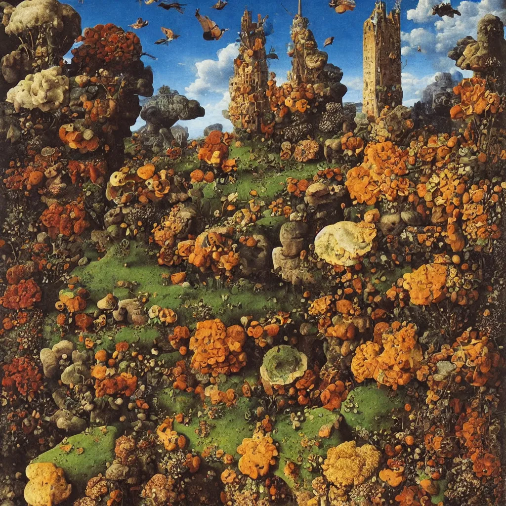 Prompt: a single! colorful! ( stone ) fungus tower clear empty sky, a high contrast!! ultradetailed photorealistic painting by jan van eyck, audubon, rene magritte, agnes pelton, max ernst, walton ford, andreas achenbach, ernst haeckel, hard lighting, masterpiece