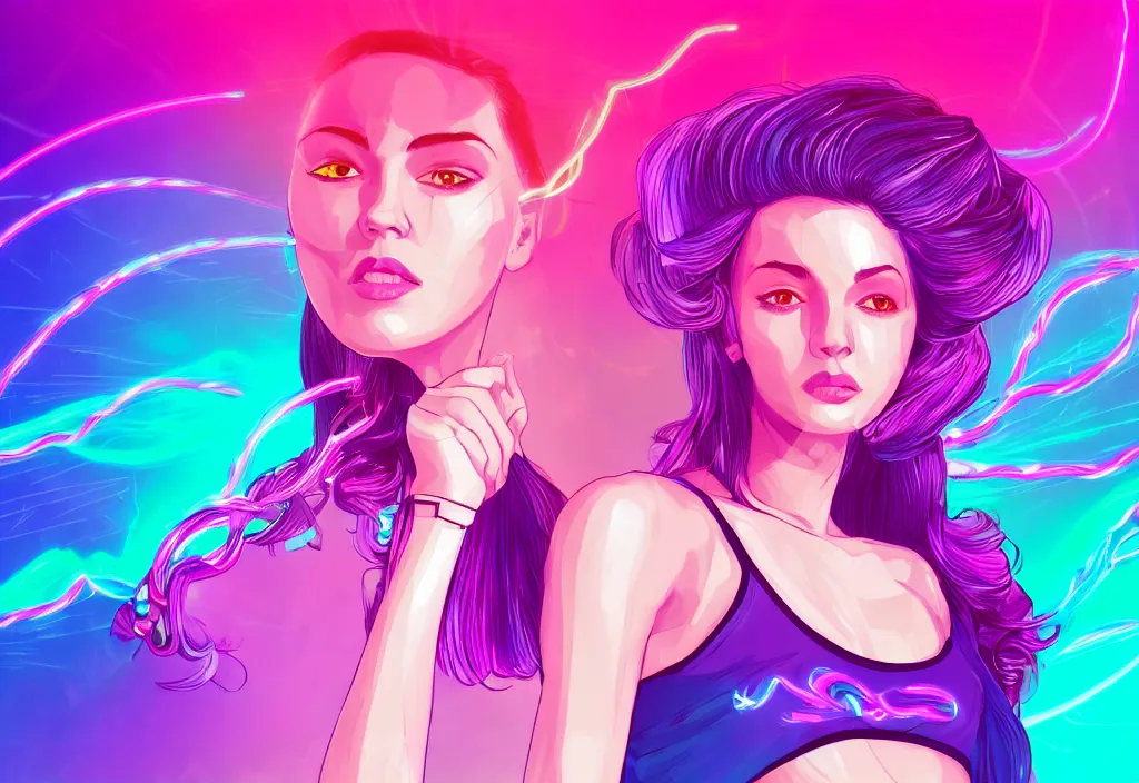 Image similar to a award winning half body portrait of a beautiful woman in a croptop and cargo pants with ombre purple pink teal hairstyle surrounded by whirling illuminated lines, outrun, vaporware, shaded flat illustration, digital art, trending on artstation, highly detailed, fine detail, intricate