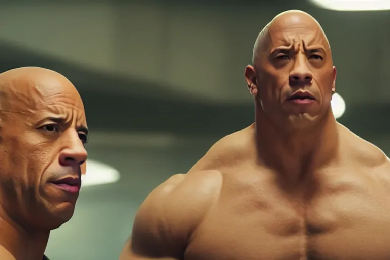 Image similar to vin diesel as dwayne johnson flexing and yelling let's go!, fast furious, low perspective, isometric perspective, cinematic still, movie still, long lens, shallow depth of field, bokeh, anamorphic lens flare, 8 k, hyper detailed, 3 5 mm film grain