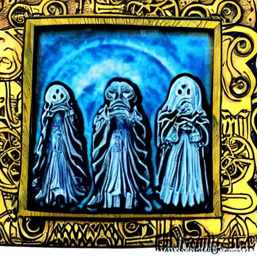 Image similar to haunted ornate ancient sinsister-looking box of ghosts| very detailed and colorful |beautiful eerie surreal psychedelic