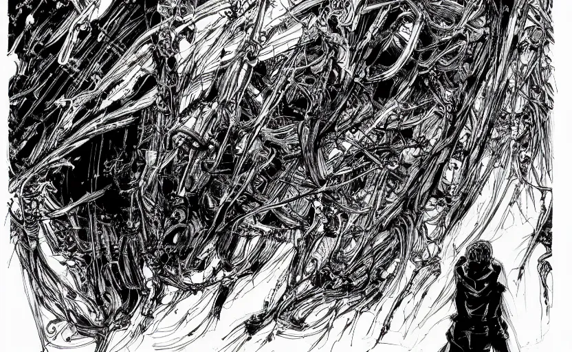 Image similar to light at the end of the tunnel by tsutomu nihei, inked, minute details, desolation, hyper realistic, cosmic horror, biomechanical, beautiful