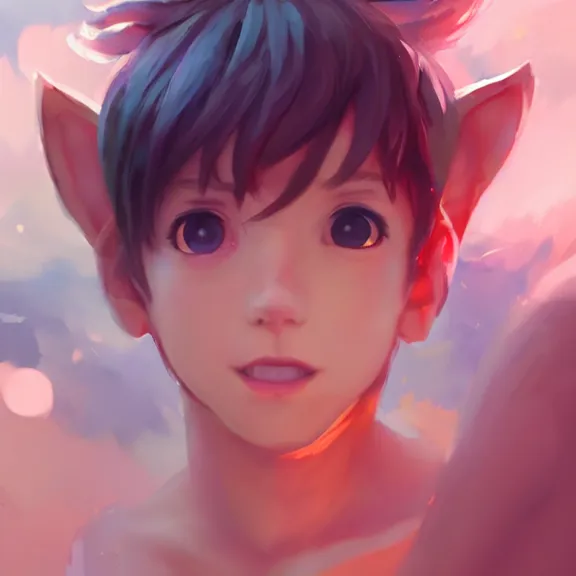 Image similar to boy with cat ears and tail, full body, blushing, happy, short smile, hair covering eyes, cinematic lightning, mid-shot, highly detailed, very very very beautiful, trending on Artstation, Unreal Engine 4k, watercolour, pastel, cinematic wallpaper by Stanley Artgerm Lau, WLOP, Rossdraws.